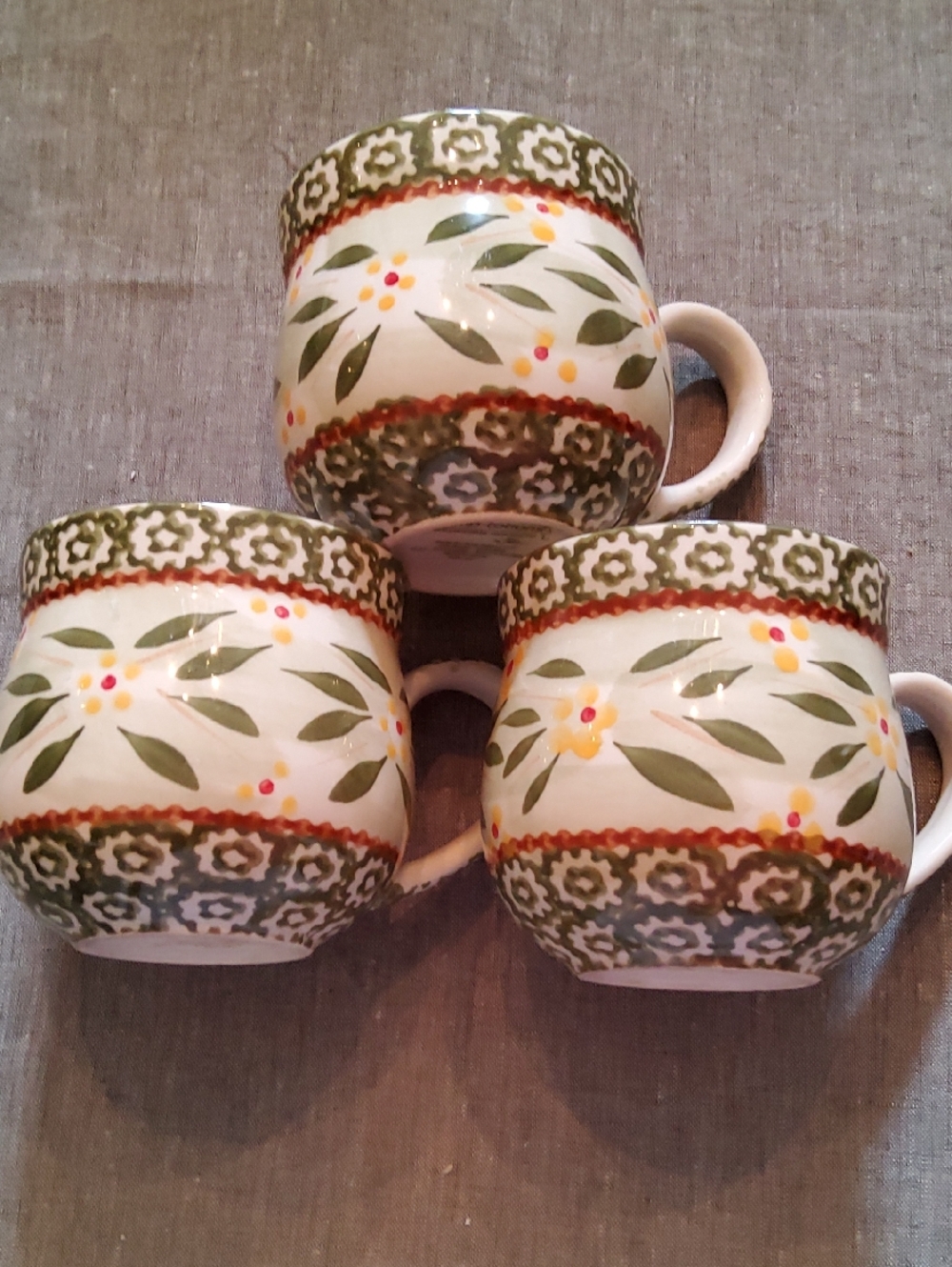Temp-Tations Hand-Painted Floral Ceramic Mugs in Green and Yellow
